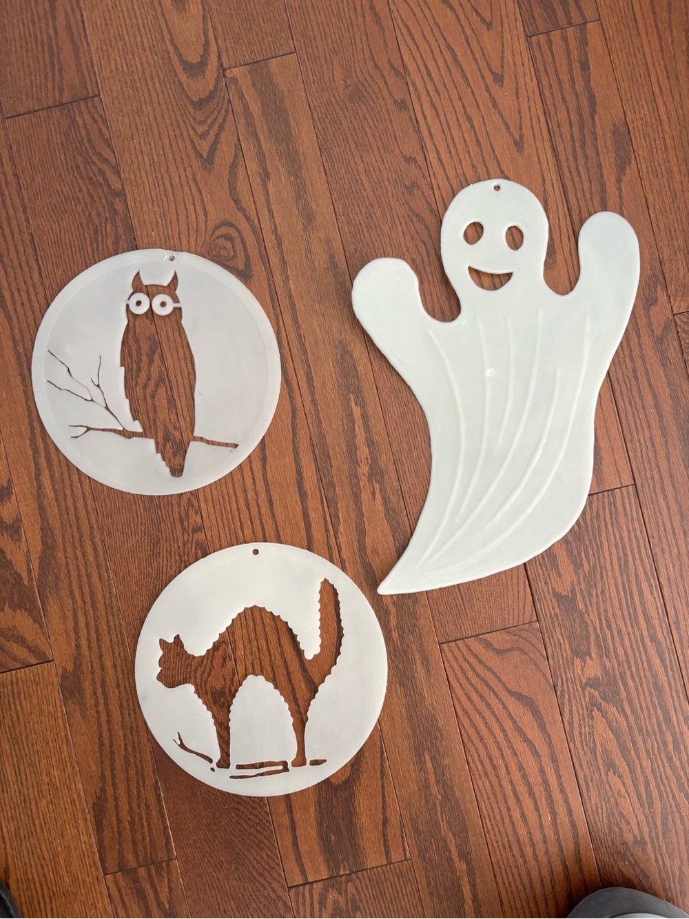 Vintage Plastic Halloween Wall Hangings Glow Dark Cat Ghost Owl Hard Plastic